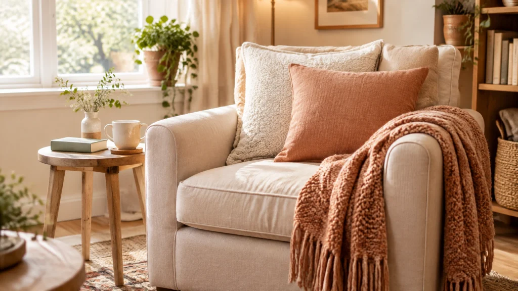 Welcoming living room with layered cushions, a soft throw, a small table and warm natural light