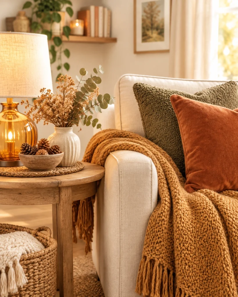 Autumn living room vignette with rust cushion covers, olive boucle cushion, ochre throw, amber lamp, pine cones and dried foliage