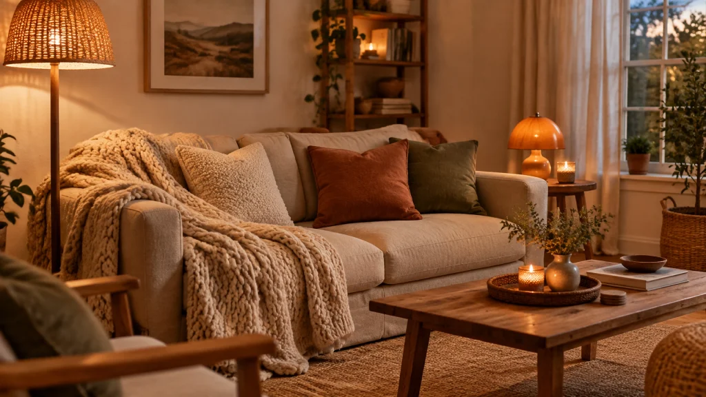 Neutral living room with soft throws, textured cushions, warm lamps and small accent lights