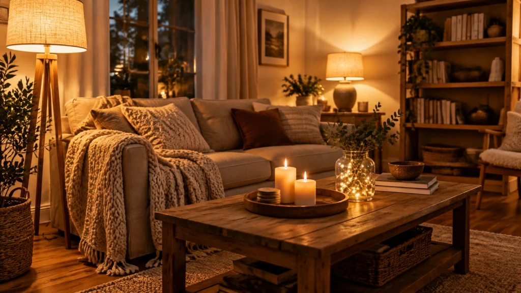Warm layered lighting in a cozy neutral living room in the evening: amber lamps, LED pillar candles on a wooden coffee table and a light string glowing in a glass vase